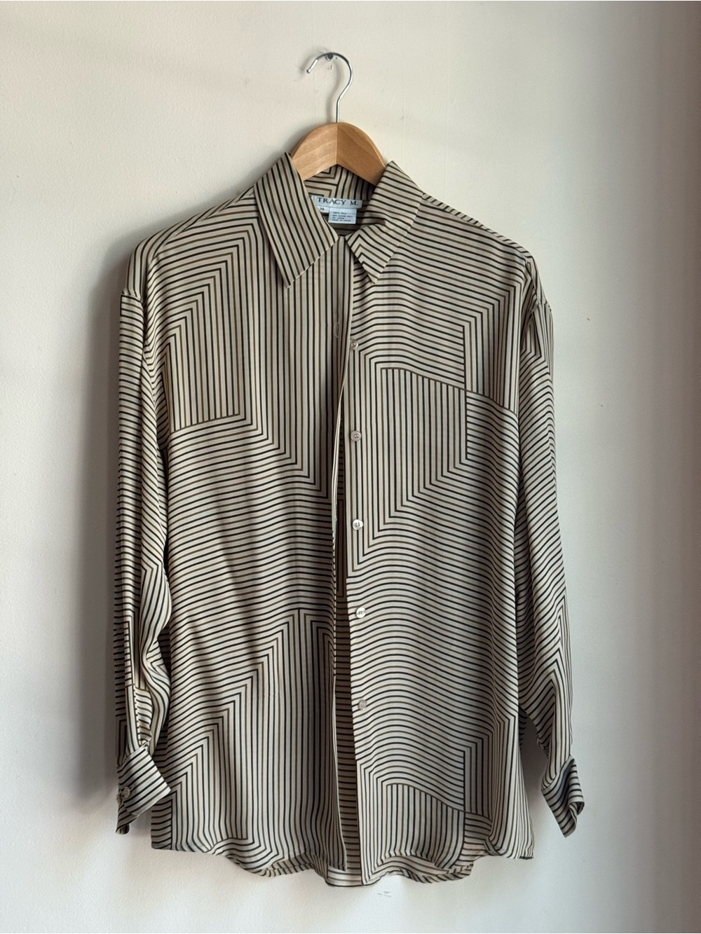 Tracy M. Beige Brown Silk Button-Up Blouse Collared Long Sleeve Striped M